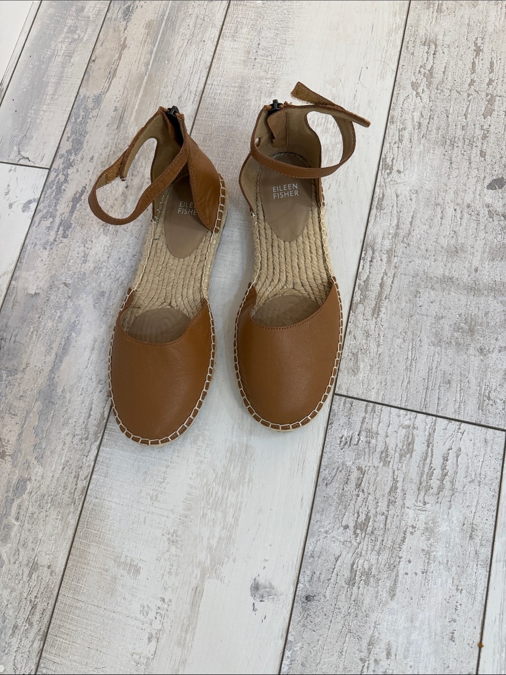 Eileen Fisher Cognac Brown Leather Espadrille Ankle-Strap Flats